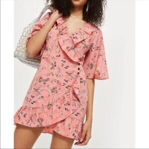 TOPSHOP Pink Floral Off Duty Ruffle Wrap Tea Dress Size 6